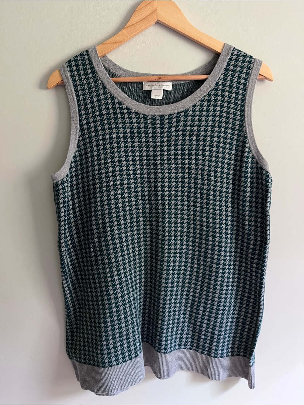 Christopher & Banks 100% Cotton Green and Gray Houndstooth Knit Sleeveless Top